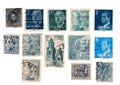 Blue vintage postage stamps from Spain. Royalty Free Stock Photo