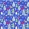 Blue vintage wrapping paper for winter holiday with snowy firs and trees, angel, crescent, reindeer, gift, snowman and Christmas s Royalty Free Stock Photo