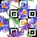 Blue violet asters floral botanical flowers. Watercolor background illustration set. Seamless background pattern. Royalty Free Stock Photo