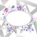 Blue violet clematis bouquet botanical flowers. Watercolor background illustration set. Frame border ornament square.