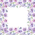 Blue violet clematis bouquet botanical flowers. Watercolor background illustration set. Frame border ornament square.