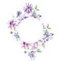 Blue violet clematis bouquet botanical flowers. Watercolor background illustration set. Frame border ornament square.