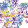 Blue violet clematis bouquet floral botanical flowers. Watercolor illustration set. Seamless background pattern.