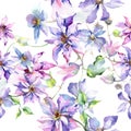Blue violet clematis bouquet floral botanical flowers. Watercolor illustration set. Seamless background pattern.