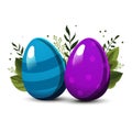 Blue violet Easter striped eggs with polka dots with green leaves on background. Vector for design