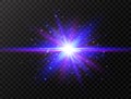 Blue and violet glowing effect. Star burst with beams and sparkles. Futuristic light on transparent background. Flash with rays an Royalty Free Stock Photo