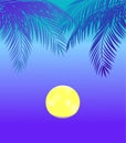 Blue and violet night poster with coconut palm branches and mystical moon