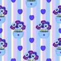 Blue and violet pansies in pots, seamless pattern