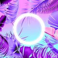 Blue and violet tropical party design with palm leaves and neon light. Royalty Free Stock Photo