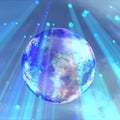 Blue virtual beams illuminate the virtual rotating planet. 3d rendering