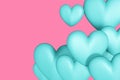 Blue volumetric hearts on pink background. 3d rendered illustration. Copy space