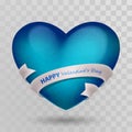 Blue volumetric retro heart and white, silver ribbon with lettering Happy Valentines Day. Isolated on transparent background with