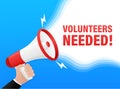 Blue volunteers needed megaphone on white background for flyer design. Vector illustration in flat style.