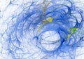 Blue vortices with yellow splashes move around a circle on a white background.