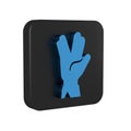 Blue Vulcan salute icon isolated on transparent background. Hand with vulcan greet. Spock symbol. Black square button.