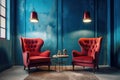 Blue wall red armchairs soft lights. Generate Ai Royalty Free Stock Photo
