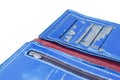 Blue wallet breakage was because of the deterioration. Artificial leather material Royalty Free Stock Photo