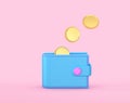 Blue wallet and falling gold coins isolated on pink background. Clipping path included
