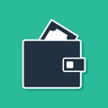 Blue Wallet with stacks paper money cash icon isolated on green background. Purse icon. Cash savings symbol. Vector Royalty Free Stock Photo