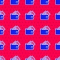 Blue Wallet with stacks paper money cash icon isolated seamless pattern on red background. Purse icon. Cash savings Royalty Free Stock Photo