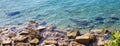Blue water background with stones and green grass on the shore. sea, river, lake or ocean surface close. banner