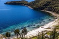 Blue water, coast of Titicaca lake and white sand beach at Incas Royalty Free Stock Photo