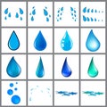 Blue water drop symbol set. Template of raindrop, sweat, tears and puddle. Vector illustration isolated on white