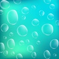 Blue water droplets. Water drops on the color surface. Vector illustration. Air bubbles, dynamic aqua motion, realistic Royalty Free Stock Photo