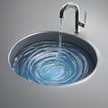 Water Flowing From Faucet Into Round Sink