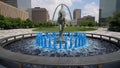 Blue water fountain with Runner Statue at Kiener Plaza Park in St. Louis - ST. LOUIS, UNITED STATES - JUNE 19, 2019 Royalty Free Stock Photo
