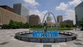 Blue water fountain with Runner Statue at Kiener Plaza Park in St. Louis - ST. LOUIS, UNITED STATES - JUNE 19, 2019