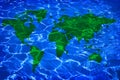 Blue water and green worlwide map