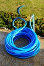 Blue water hose on garden. Royalty Free Stock Photo