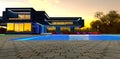 Blue water of the illuminated swimming pool on the territory of the advanced private mansion. 3d rendering Royalty Free Stock Photo