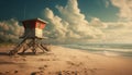 Blue water, lifeguard hut, tranquil scene, tropical climate, sunset, beauty generated by AI