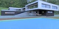 Blue water in the pool. Luxurious modern home. Finishing black and white brick. Terrace board. Natural paving stone. Concrete