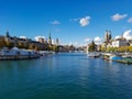 Blue water river zurich lake old town historic city centre church tower building ancient boat ferry pier switzerland sky