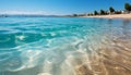 Blue water, sandy beach, tranquil scene, clear sky, mountain reflection generated by AI Royalty Free Stock Photo