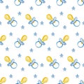 Blue baby boy watercolor seamless pattern with pacifier. Baby blue paint brush stroke background Royalty Free Stock Photo