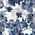 Blue Watercolor Background. Azure Flower Jungle. Navy Seamless Textile. Indigo Hibiscus Leaf. Pattern Set. Tropical Texture. Fashi