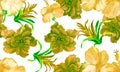 Blue Watercolor Background. Green Flower Leaves. Autumn Seamless Set. Colorful Pattern Background. Orange Tropical Print. Yellow I Royalty Free Stock Photo