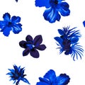 Blue Watercolor Background. Navy Flower Backdrop. Azure Seamless Decor. Indigo Hibiscus Plant. Pattern Texture. Tropical Wallpaper