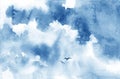Blue watercolor cloud, birds and sky. Spring, summer background. Royalty Free Stock Photo