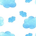 Blue watercolor clouds background. pattern. on white baground.