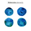 Blue watercolor design elements. Set isolated watercolor paint circles.