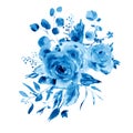 Blue watercolor floral greeting card in a la prima style. Watercolor roses - flowers, twigs, leaves, buds