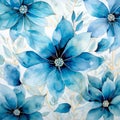 Blue Watercolor Flowers Illustration. Blue Floral Background with Leaves and Golden Details. Genertaive AI.