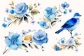 Blue watercolor flowers, sets, bundles, bouquets with wildflowers, a bird on flowers. Generative AI Royalty Free Stock Photo