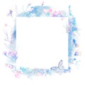 Blue Watercolor Greeting Card with Blooming Flowers and Birds. Background with Place for Your Text. Herbal, Wildflowers, Royalty Free Stock Photo