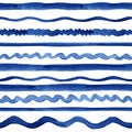 Blue watercolor hand-drawn ink lines and waves - simple seamless pattern